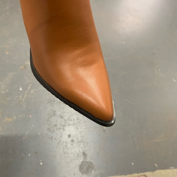 Women’s Pointed Toe Zip Block Heeled Long Boot in Camel Faux Leather - Picture 10 of 12